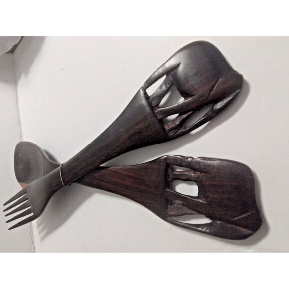 Vintage African Hand Carved Wooden Salad Fork & Spoon 12.5" Elephant  handles - Picture 2 of 10